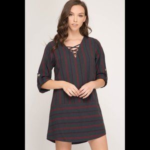 3/4 Roll Up Sleeve Woven Striped Dress